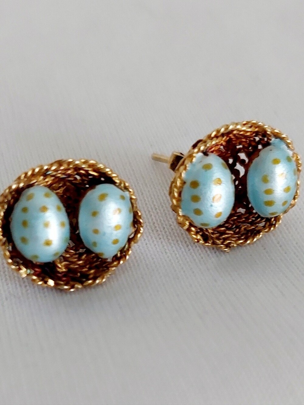 Vintage Vermeil Robin's Eggs In Nest Earrings